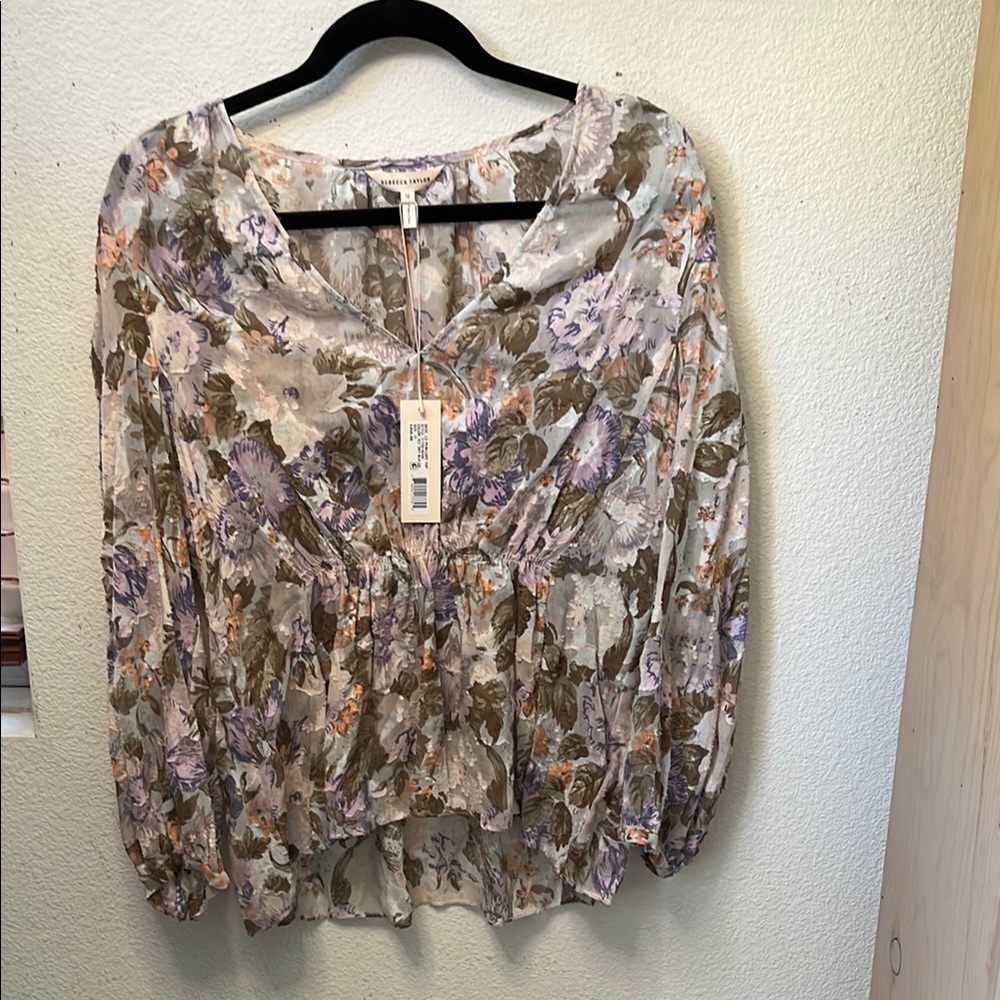 Rebecca Taylor Cream and Purple Ruched 3/4 Sleeve Blouse